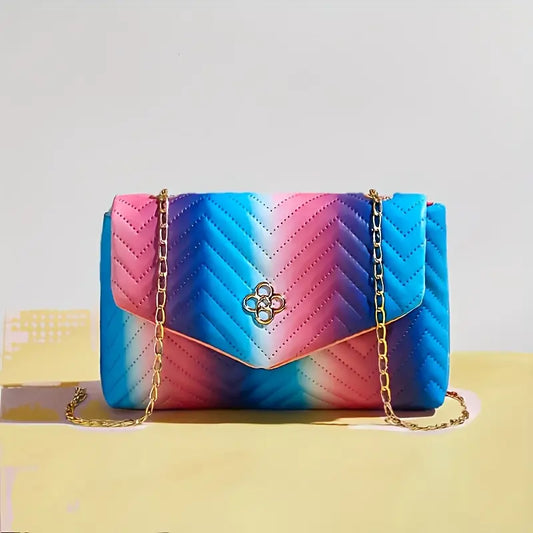 Women'S Rainbow Striped Shoulder Bag with Detachable Golden Chain Strap
