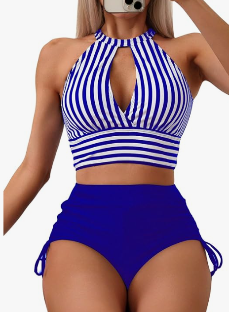 Women's 2 Piece Swimsuit Stripe Print Halter Cut Out Ruched Drawstring Beach Tankini Set