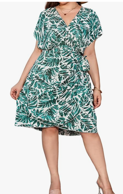 Leaf Print V Neck Short Sleeve Dress Wrap Tie Side Boho Short Dresses