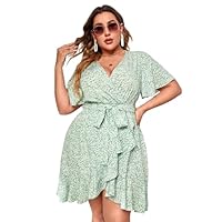 Floral Short Sleeve Dresses V Neck Ruffle Wrap Dress