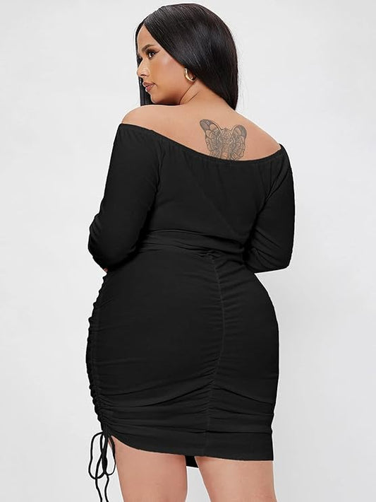 Women's Plus Size Off The Shoulder Ruched Drawstring Bodycon Dress