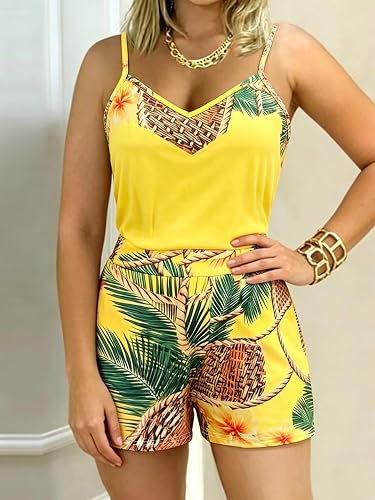 Women's Tropical Print Cami Top And Shorts 2 Piece Outfit Set (Small)