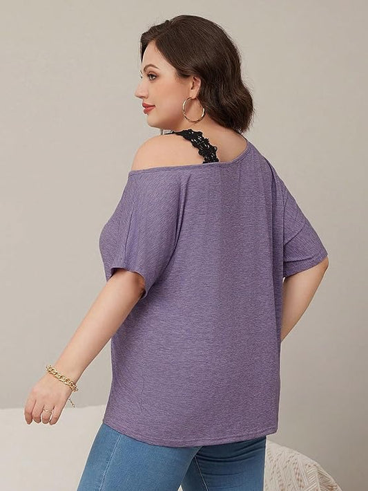 Women's Plus Size Cold Shoulder Floral Lace Short Sleeve T Shirt Summer Tops