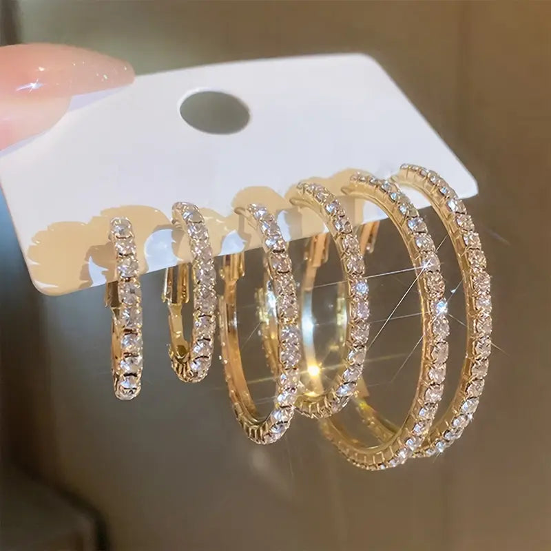 18K Golden Plated Rhinestone Hoop Earrings Set for Women