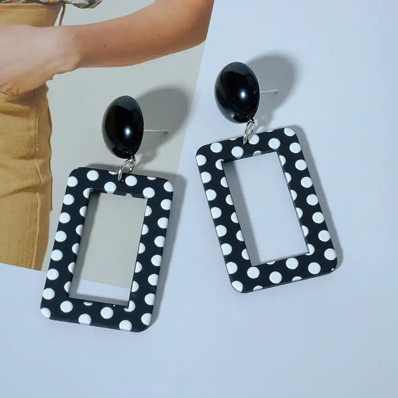 Drop Earrings Black & White Polka Dot Design
