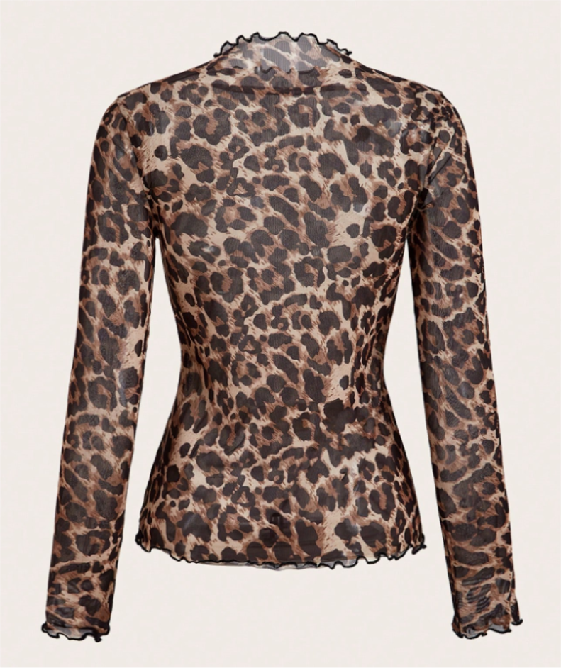Leopard Print Mesh Top Casual Lettuce Trim