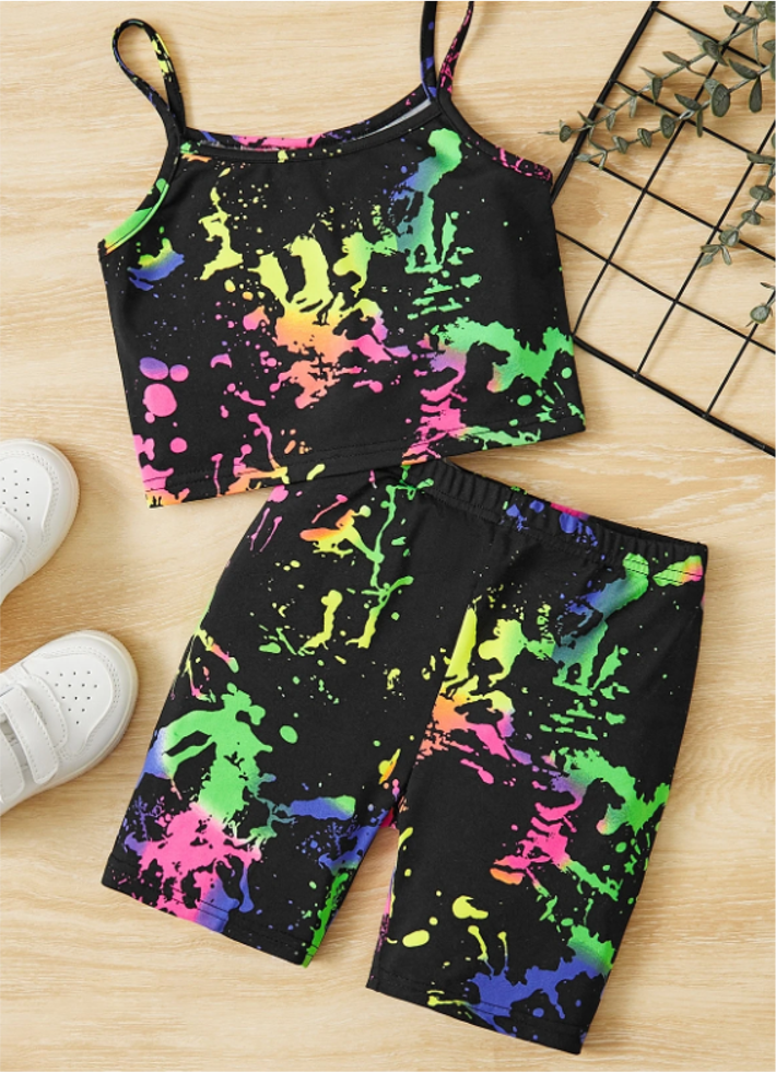 Young Girl Splash Ink Print Cami Top & Biker Shorts
