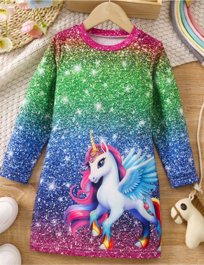 Young Girl Unicorn Print Ombre Tee Dress