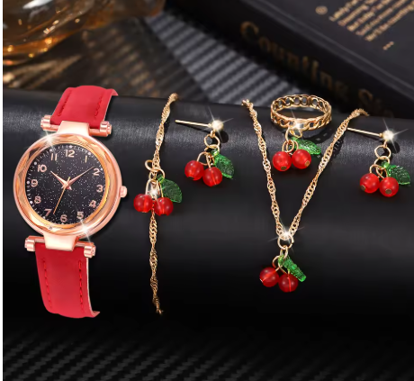 6PCS/Set Red Women's Watch With Minimalist Elements Dial Quartz Watch