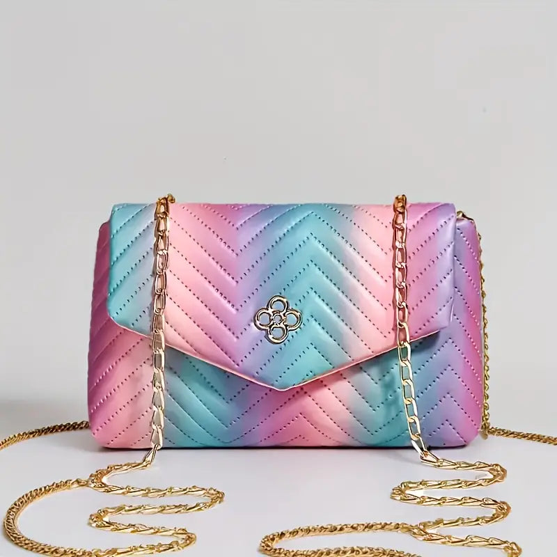 Women'S Rainbow Striped Shoulder Bag with Detachable Golden Chain Strap