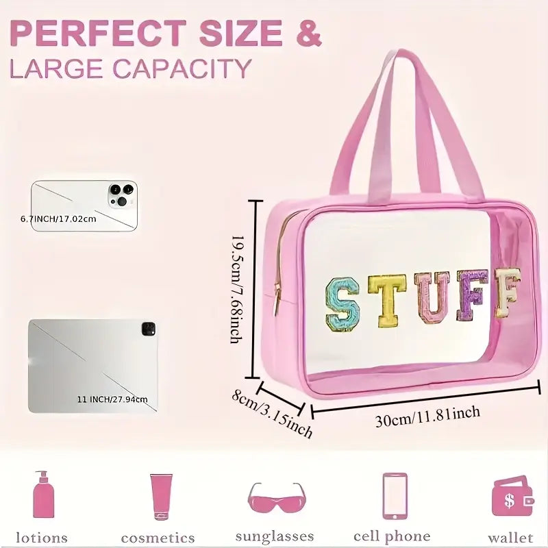 Large Capacity Clear PVC Cosmetic Bag with "STUFF" Lettering
