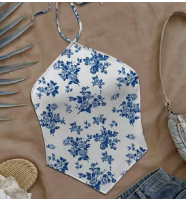 Blue Floral Backless Blouse (Large)
