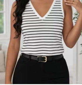 Sleeveless Black And White Striped Blazer with a V-Neck for Women