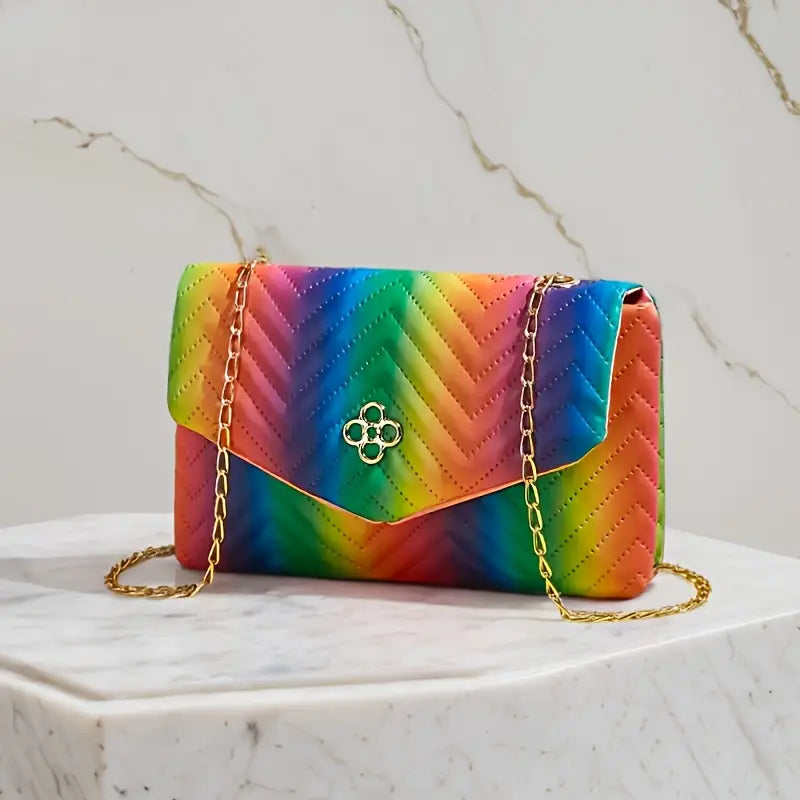 Women'S Rainbow Striped Shoulder Bag with Detachable Golden Chain Strap