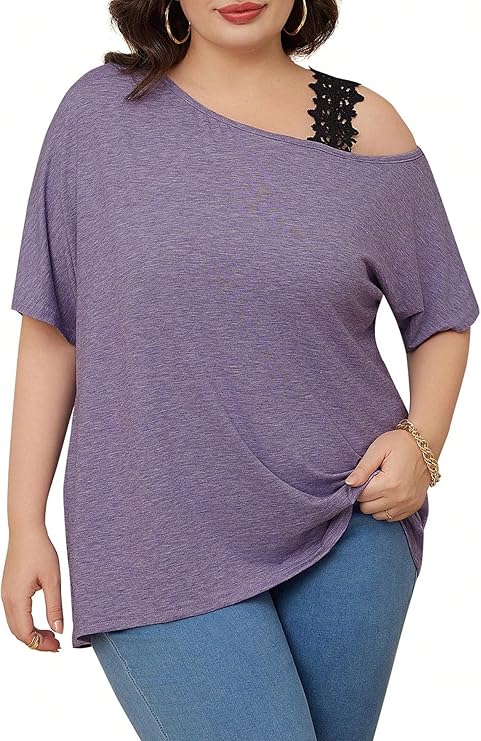 Women's Plus Size Cold Shoulder Floral Lace Short Sleeve T Shirt Summer Tops