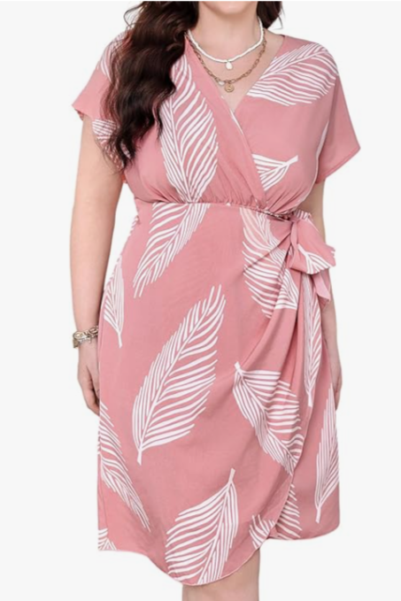 Women's Plus Size Wrap V Neck Leaf Print Dress