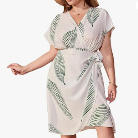 Women's Plus Size Leaf Print Short Sleeve Summer Dress