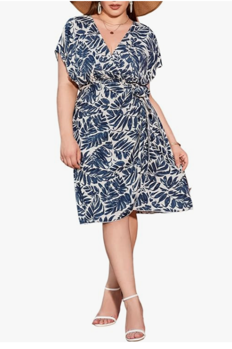 Leaf Print V Neck Short Sleeve Dress
