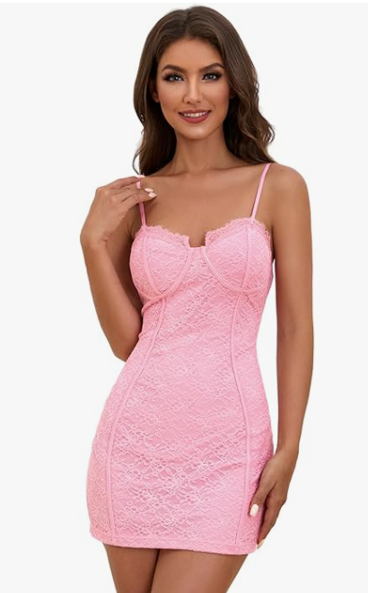 Women's Floral Lace Cami Bodycon Dress Spaghetti Strap Sheer Party Cocktail Pencil Short Dresses Pink Large