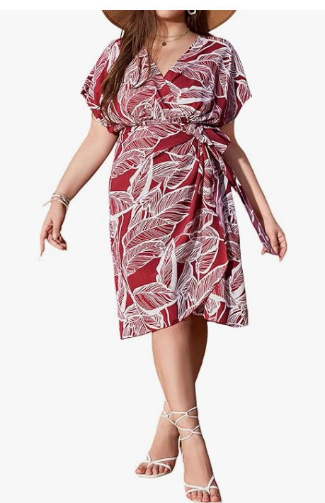 Women's Plus Size Leaf Print Dress V Neck Wrap Belted Short Sleeve Boho Beach Short Dress