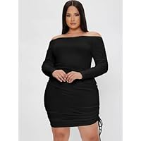 Women's Plus Size Off The Shoulder Ruched Drawstring Bodycon Dress