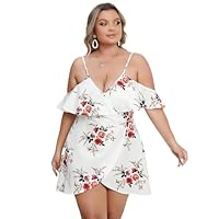Floral Cold Shoulder A Line Dress Boho Ruffle Short Sleeve Dress