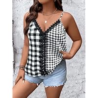 Plaid V Neck Camisole Tops Sleeveless Lace Top