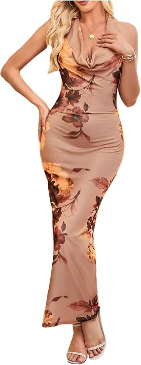 Women's Halter Floral Maxi Dress Draped Cowl Neck Open Back Bodycon Party Cocktail (Medium)