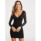 Women's Deep V Neck Ruched Mesh Long Sleeve Bodycon Mini Dress