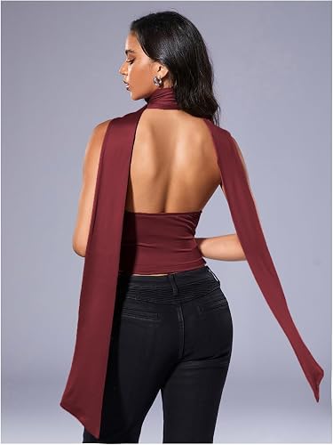 Women's Deep V Neck Halter Tops Sleeveless Backless Going Out Crop Top with Scarf (Burgundy Small)