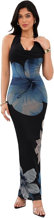 Women's Floral Deep V Neck Halter Dress (Medium)