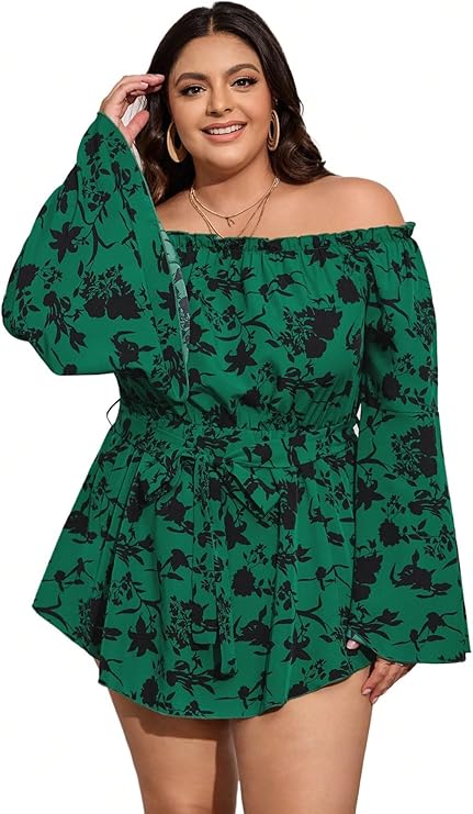 Women's Plus Size Cheetah Square Neck Peplum Long Bell Sleeve Blouse