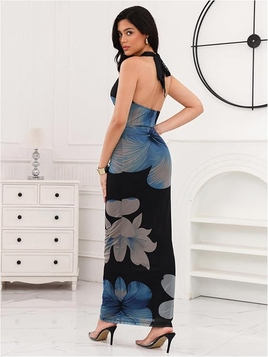 Women's Floral Deep V Neck Halter Dress (Medium)