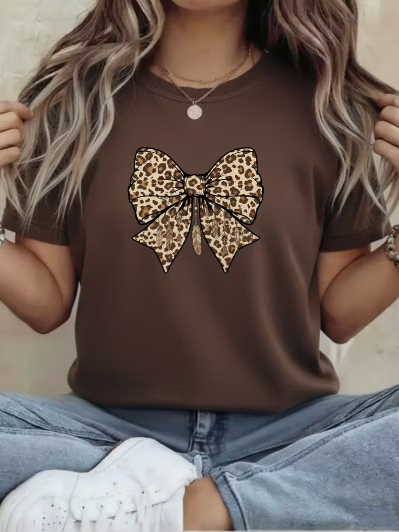 Women's Leopard Print Bow T-Shirts