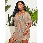 Women's Plus Size Short Sleeve Hollow Out V Neck Split Beach Bikini Cover Up