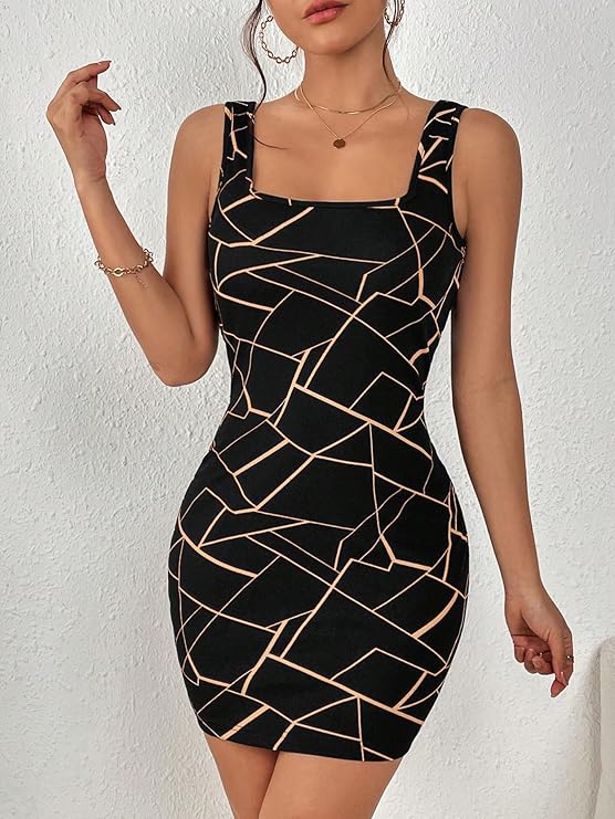 Women's Allover Geo Print Square Neck Tank Dress
