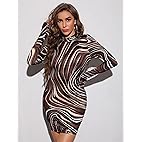 Women's Printed Drawstring Side Round Neck Marble Long Sleeve Bodycon Mini Dress