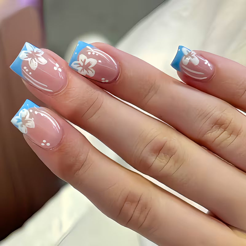 Press on Nails Blue French with flower