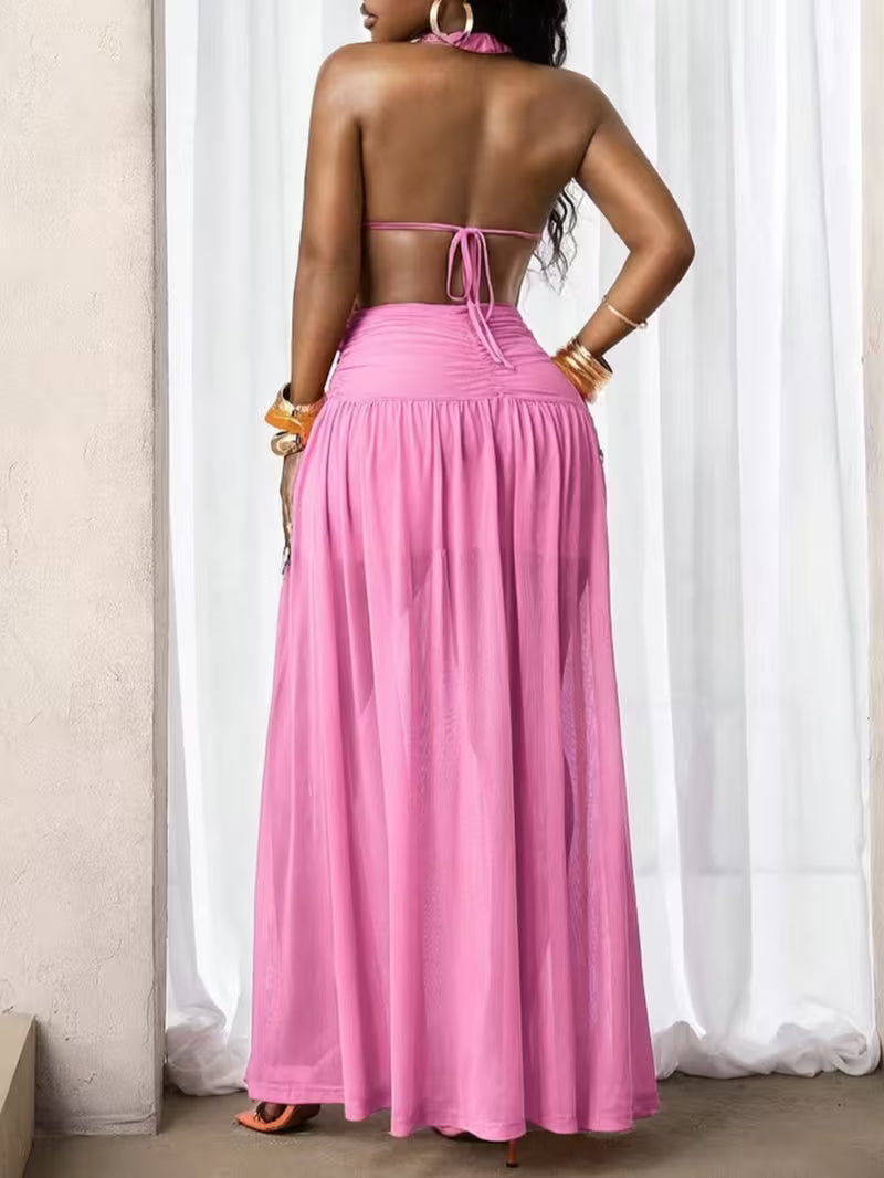 Women's Halter Neck Hollow Out Ruched Maxi Dress