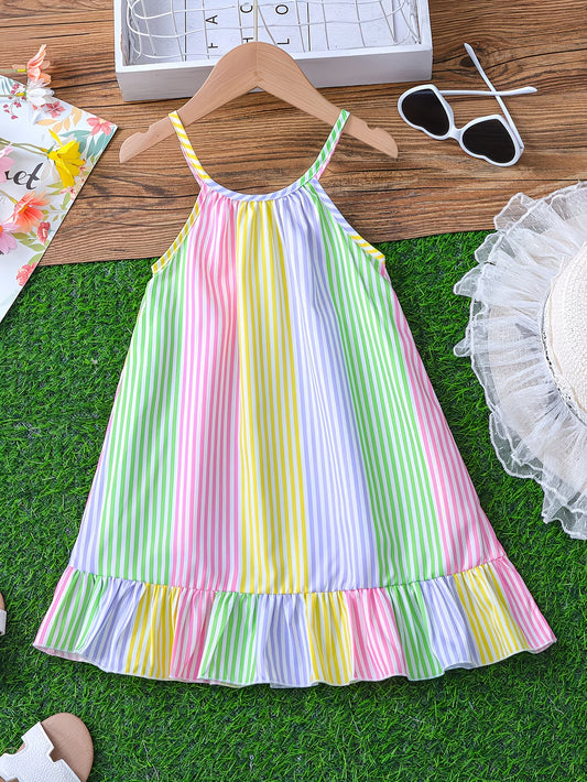 Girls' Sleeveless Smock Dress with Ruffled Hem & Adjustable Waist Tie
