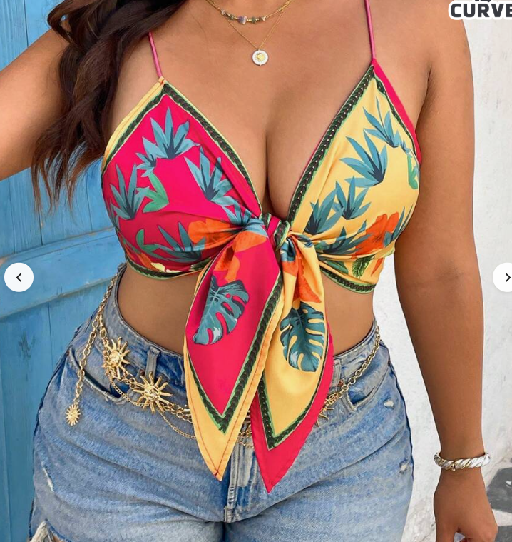 Tropical Plant Print Knotted Front Cropped Camisole