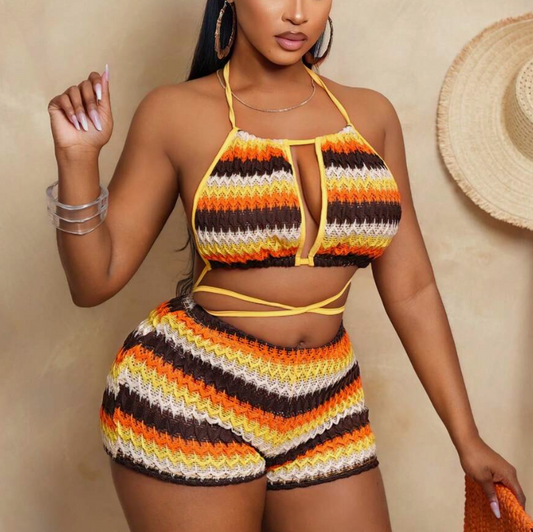 Back Less Chest Cross Strap Short Tank Top+Slimming Ultra Mini Shorts