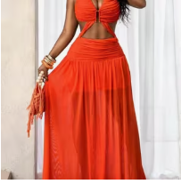 Women's Halter Neck Hollow Out Ruched Maxi Dress