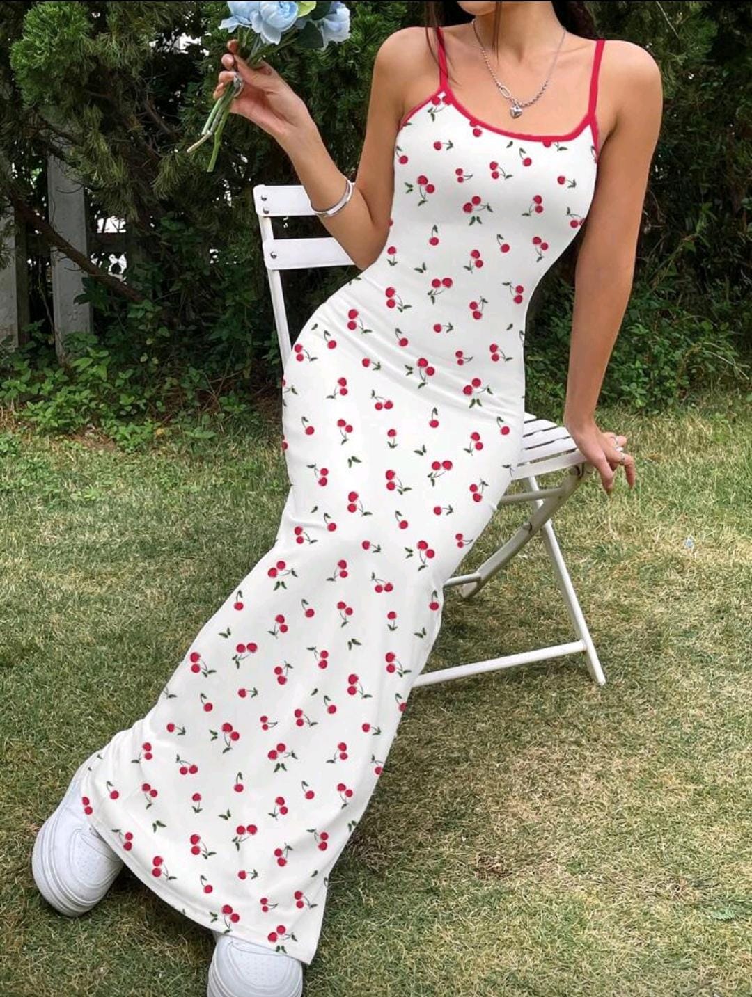 Casual Simple Cherry Print Full Length Bodycon Slip Dress