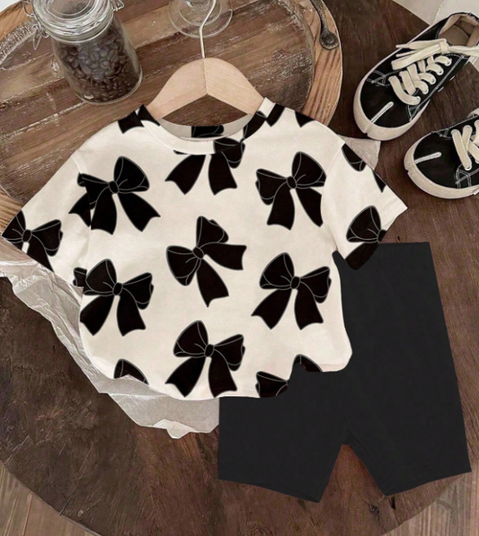 Baby Girls' Bow Allover Print Round Neck Short Sleeve T-Shirt And Knitted Legging Shorts 2 Pieces Outfit,