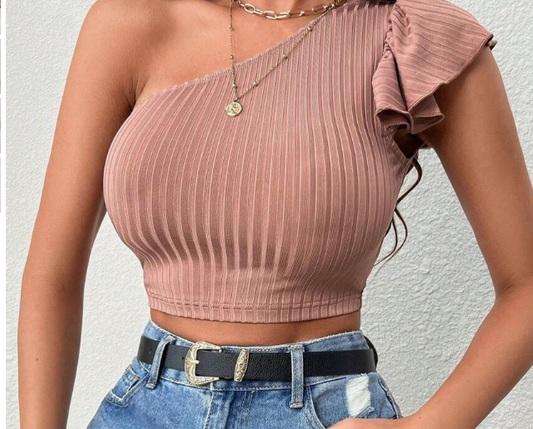 One Shoulder Ruffle Trim Crop Tee