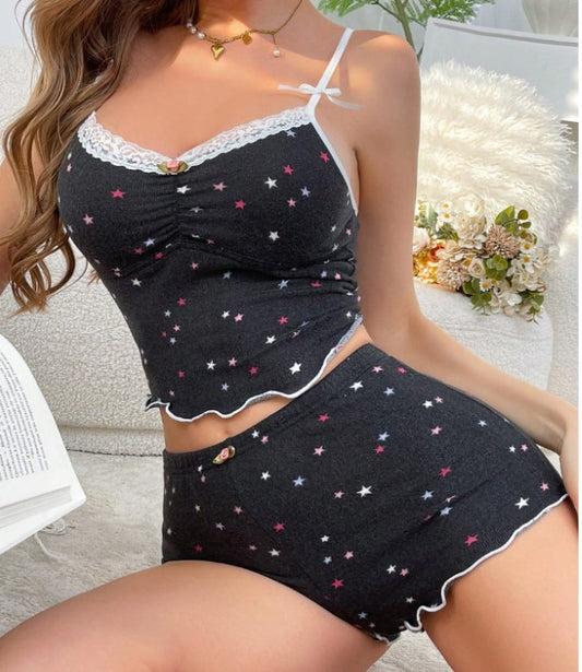 Colorful Star Print Ruched Contrast Color Camisole And Shorts Pajamas Set