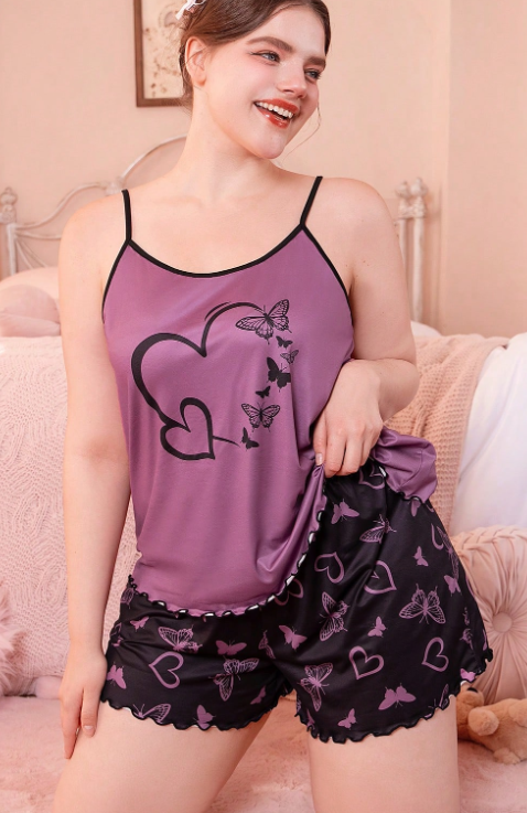 Butterfly & Heart Print Camisole & Shorts Pajama Set