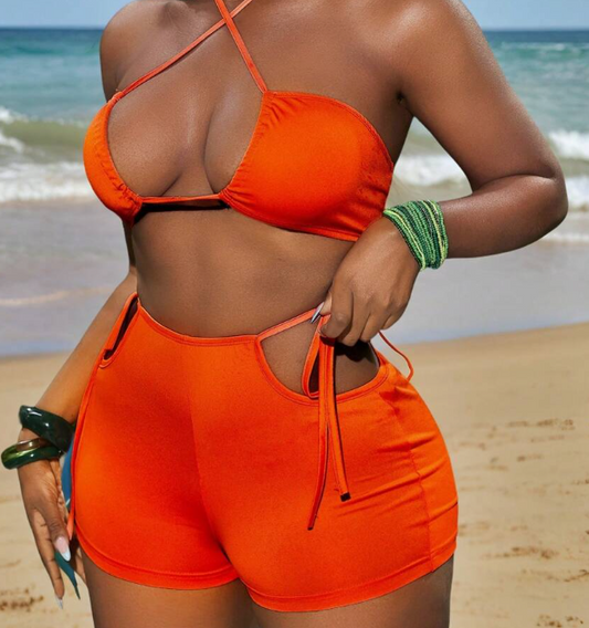 Vacation Casual Basic Texture Bralette Halter Top & Shorts Women Set