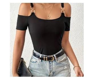 Sexy Off - Shoulder Hollow - Out Metal Buckle Fitted Short Sleeve T - Shirt